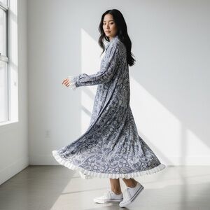 Peter Hahn Vintage Blue Silk Paisley Peasant Modest Boho upcycled Maxi Dress L